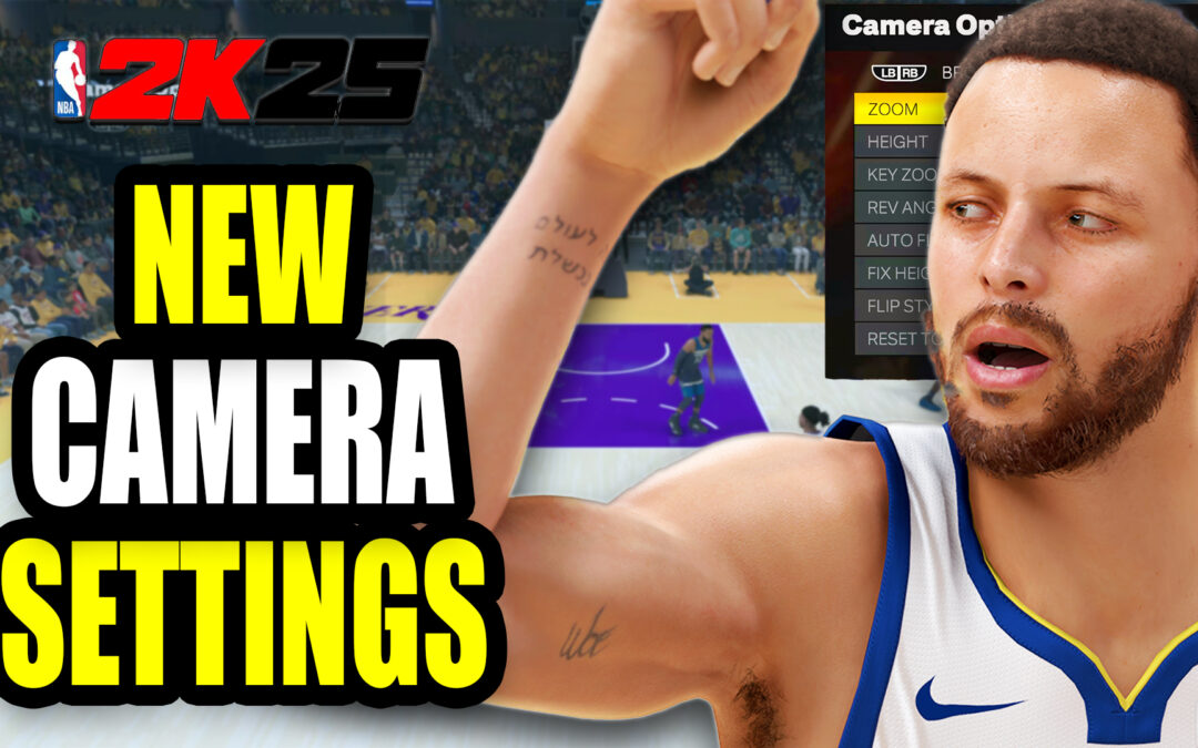 image for NBA 2K25 featuring a close-up of a basketball player resembling Stephen Curry in front of an in-game camera settings menu. The background shows a court and crowd, with bold yellow and white text reading "NEW CAMERA SETTINGS" and the NBA 2K25 logo in the top left.