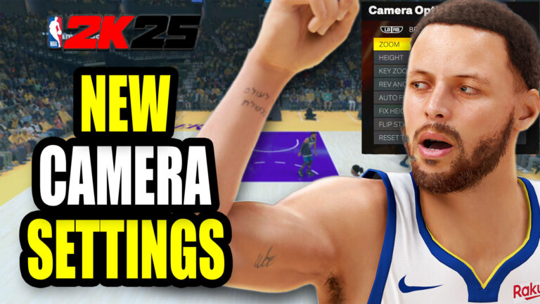 image for NBA 2K25 featuring a close-up of a basketball player resembling Stephen Curry in front of an in-game camera settings menu. The background shows a court and crowd, with bold yellow and white text reading "NEW CAMERA SETTINGS" and the NBA 2K25 logo in the top left.