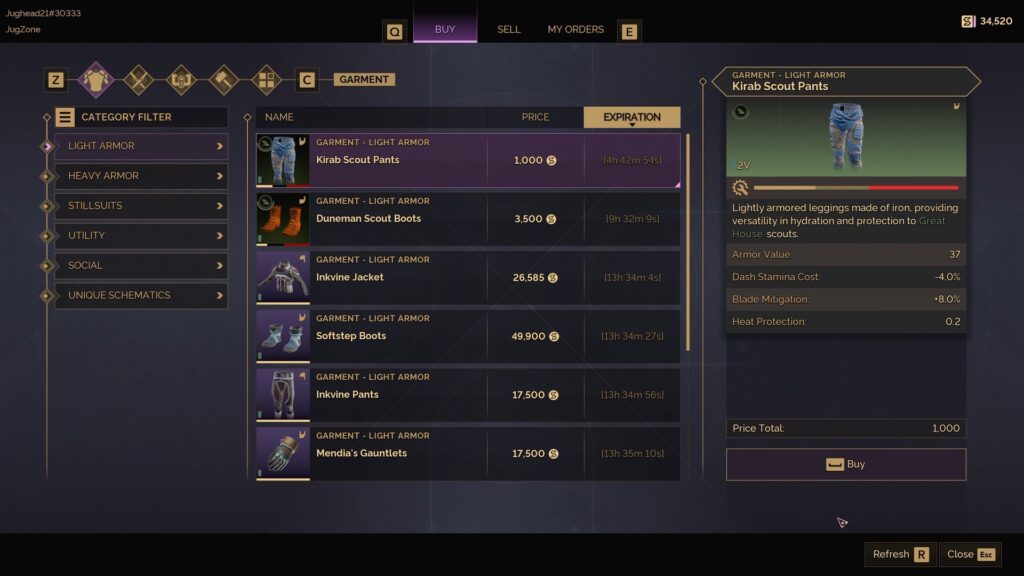Screenshot of the in-game trading menu in Dune: Awakening, showing the “Buy” tab under the Garment category. The selected item is “Kirab Scout Pants,” priced at 1,000 Solari, with stats including Armor Value, Dash Stamina Cost, Blade Mitigation, and Heat Protection. Other light armor items like Duneman Scout Boots and Softstep Boots are also listed with prices and expiration timers.
