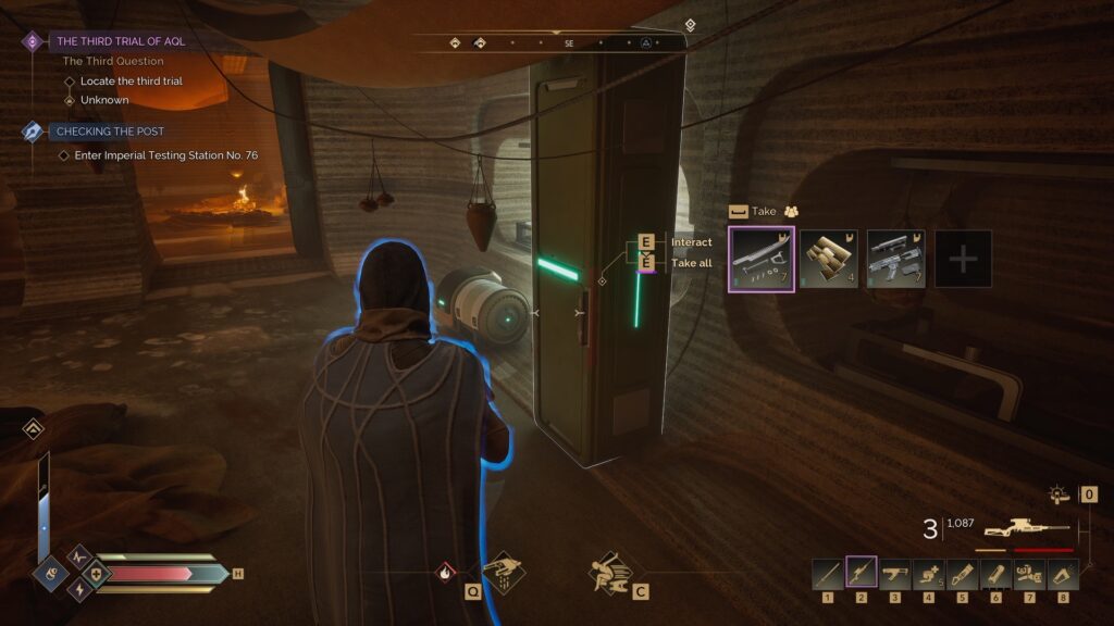 Player character in Dune: Awakening stands in front of a storage locker inside a dimly lit structure, preparing to loot items including two firearms and a bundle of materials. The HUD displays active quests like “The Third Trial of Aql” and “Checking the Post,” while interaction prompts for taking or inspecting loot appear on screen.
