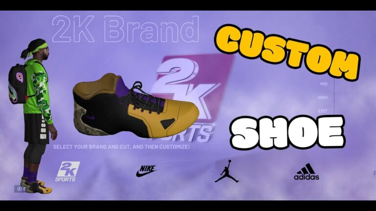 A custom shoe creation screen from the NBA 2K video game, featuring a player avatar on the left wearing a green shirt and black shorts. A custom-designed black and yellow sneaker is prominently displayed in the center. The background includes the 2K Sports logo and brand options like Nike, Jordan, and Adidas. Large bold text says "CUSTOM SHOE" in yellow and white comic-style font.