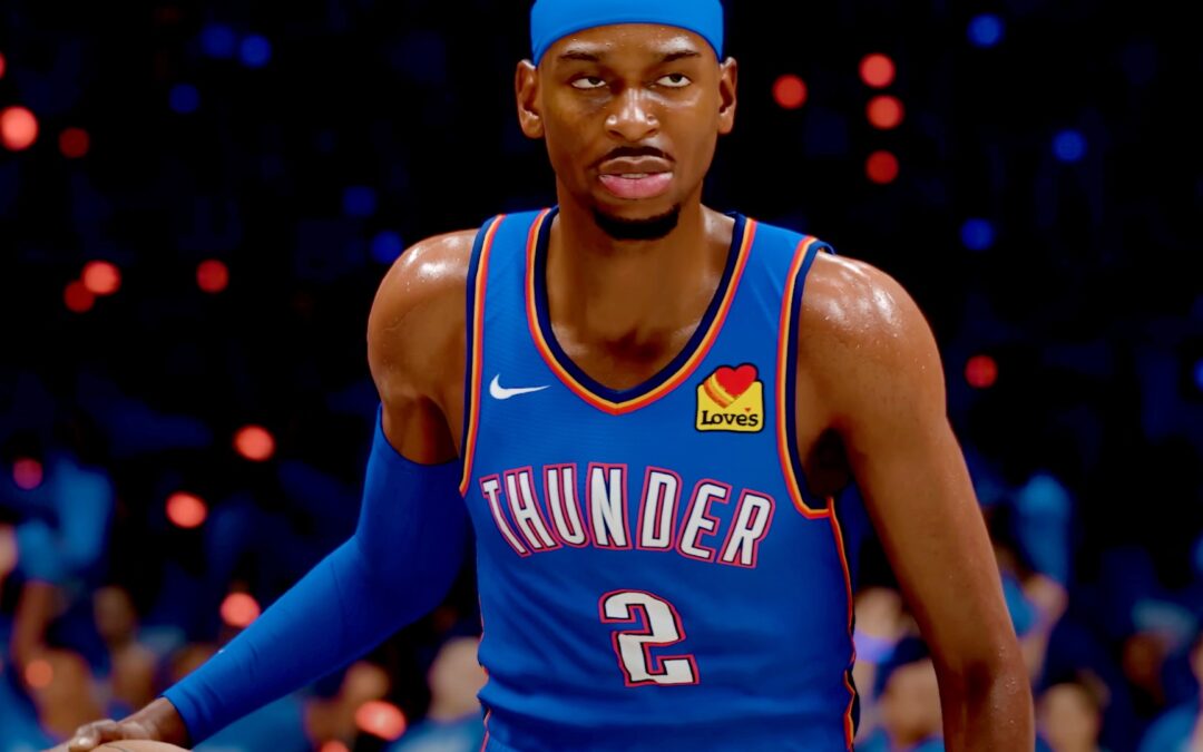 Close-up of a basketball player in an Oklahoma City Thunder uniform with number 2, wearing a blue headband and blue arm sleeve, on a court with blurred crowd in the background.