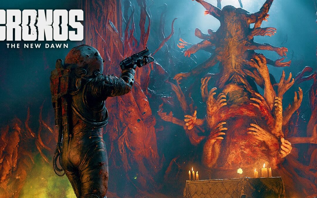 A lone armored soldier aims a weapon at a towering, grotesque creature made of twisted flesh and countless human arms, illuminated by eerie blue and orange light in a dark, cavernous environment. The scene is intense and horror-themed, with candles glowing on an altar in the foreground.