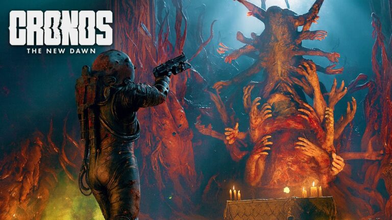 A lone armored soldier aims a weapon at a towering, grotesque creature made of twisted flesh and countless human arms, illuminated by eerie blue and orange light in a dark, cavernous environment. The scene is intense and horror-themed, with candles glowing on an altar in the foreground.