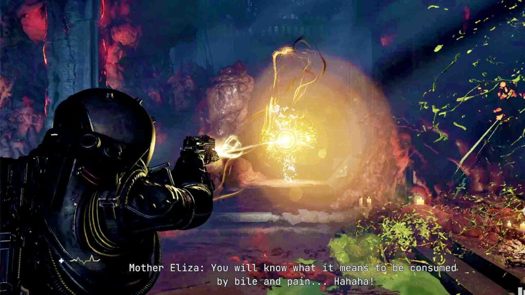 A player in a heavy armored suit fires a glowing weapon at a bright, pulsing orb-like boss in a dark, fleshy cavern during the Mother Eliza boss fight in CRONOS: The New Dawn.