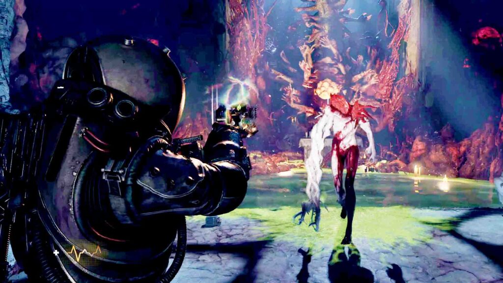 A player in a dark armored suit aims an electric-charged weapon at a blood-soaked, humanoid monster with exposed muscles and glowing veins inside a fleshy, cavernous arena in CRONOS: The New Dawn.