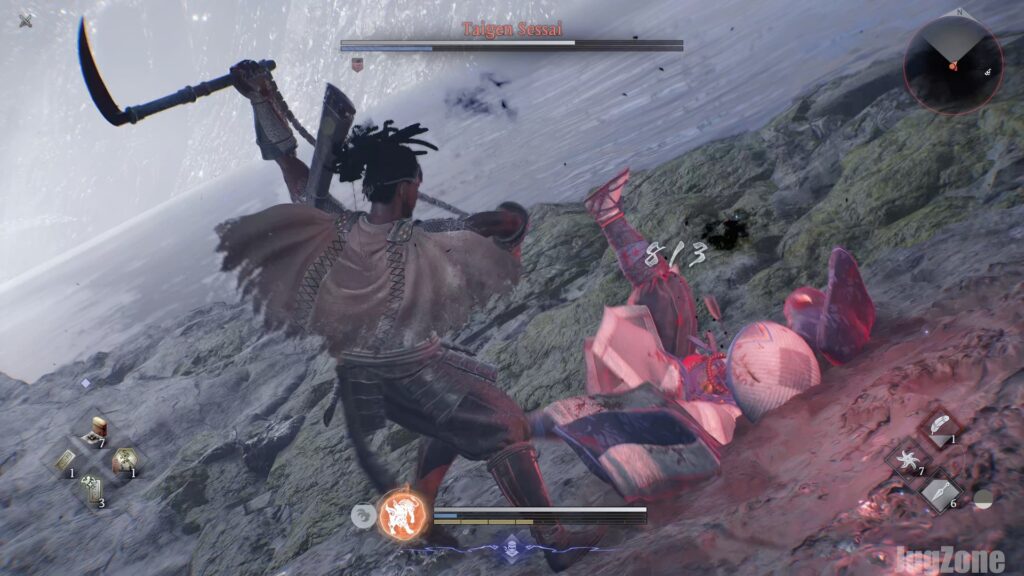 Ninja using evasive reposition skill behind a large Yokai boss]