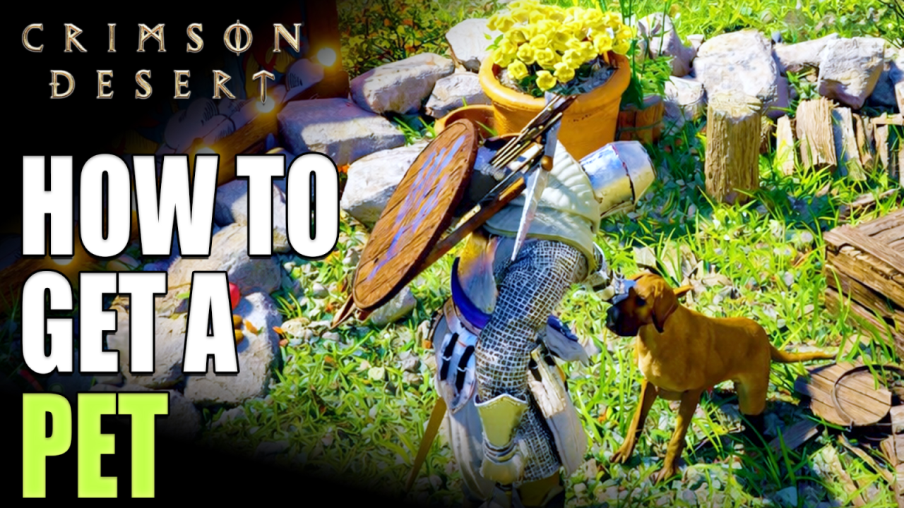 Player character petting their newly unlocked dog companion in Crimson Desert