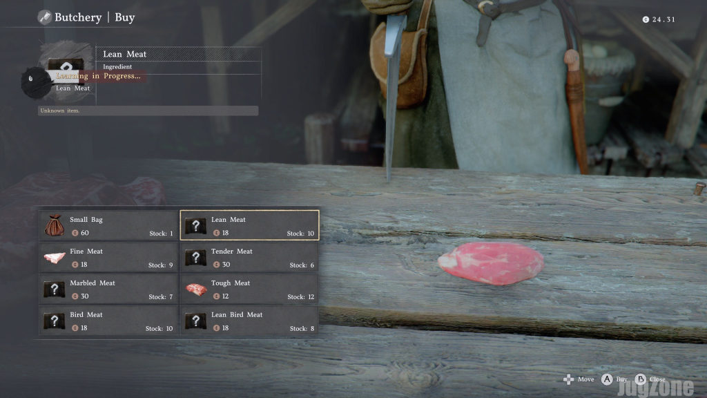 Butcher shop menu showing Lean Meat available to buy in Crimson Desert