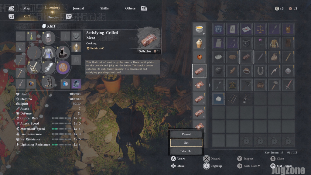 Inventory menu with Lean Meat selected and Drop option highlighted in Crimson Desert