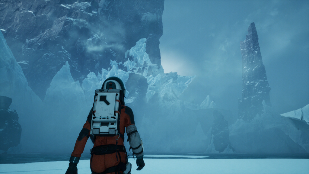 Aphelion astronaut looking at frozen mountain landscape on alien planet