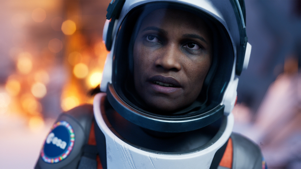 Close-up of Aphelion main character face in sci-fi survival game