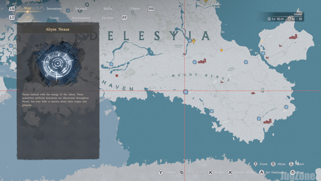  Map with a highlighted Abyss Nexus icon and blue circular markers indicating nearby teleport points.