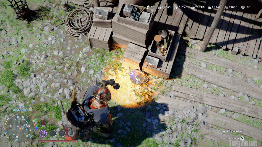 Player character raises lamp toward a glowing shard in a dimly lit ruin.