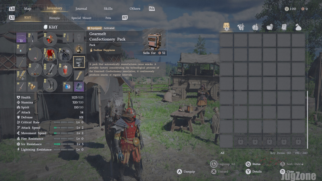 Inventory screen showing the Gearmelt Confectionery Pack producing chocolate snacks.