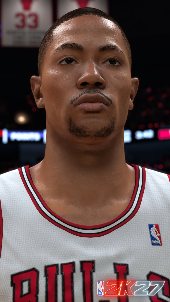 NBA 2K27 first-look gameplay screenshot featuring Derrick Rose