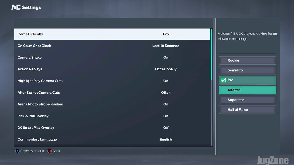 MyCAREER Settings menu with the difficulty option visible